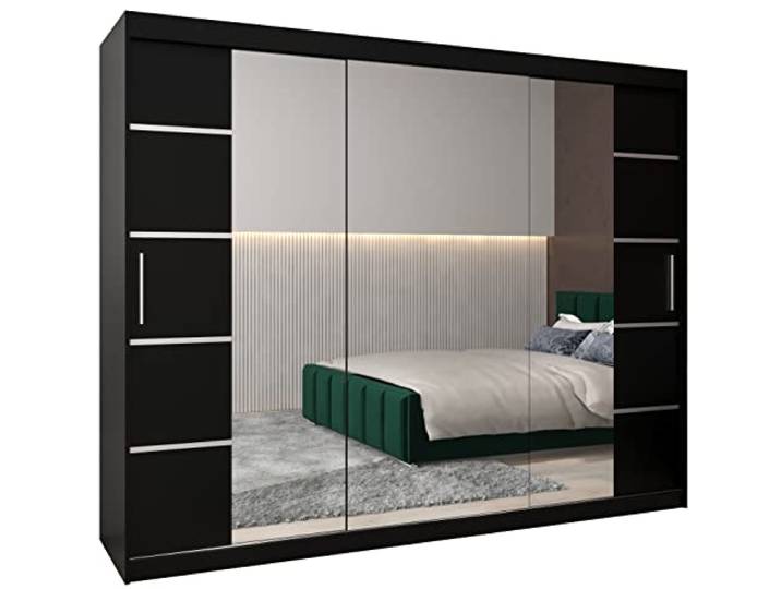 MEBLE KRYSPOL Verona 4 250 Schlafzimmerschrank Schiebetüren Schrank mit Spiegel Kleiderschrank mit Spiegel Schiebetürenschrank Kleiderschrank Schiebetüren – 250x200x62cm - Mattschwarz