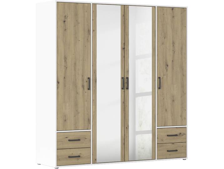 Drehtürenschrank, Holzwerkstoff, Alpinweiß/Eiche Artisan, 187×194×53 cm, Mit Spiegel & Schubladen, Modern, Raucher