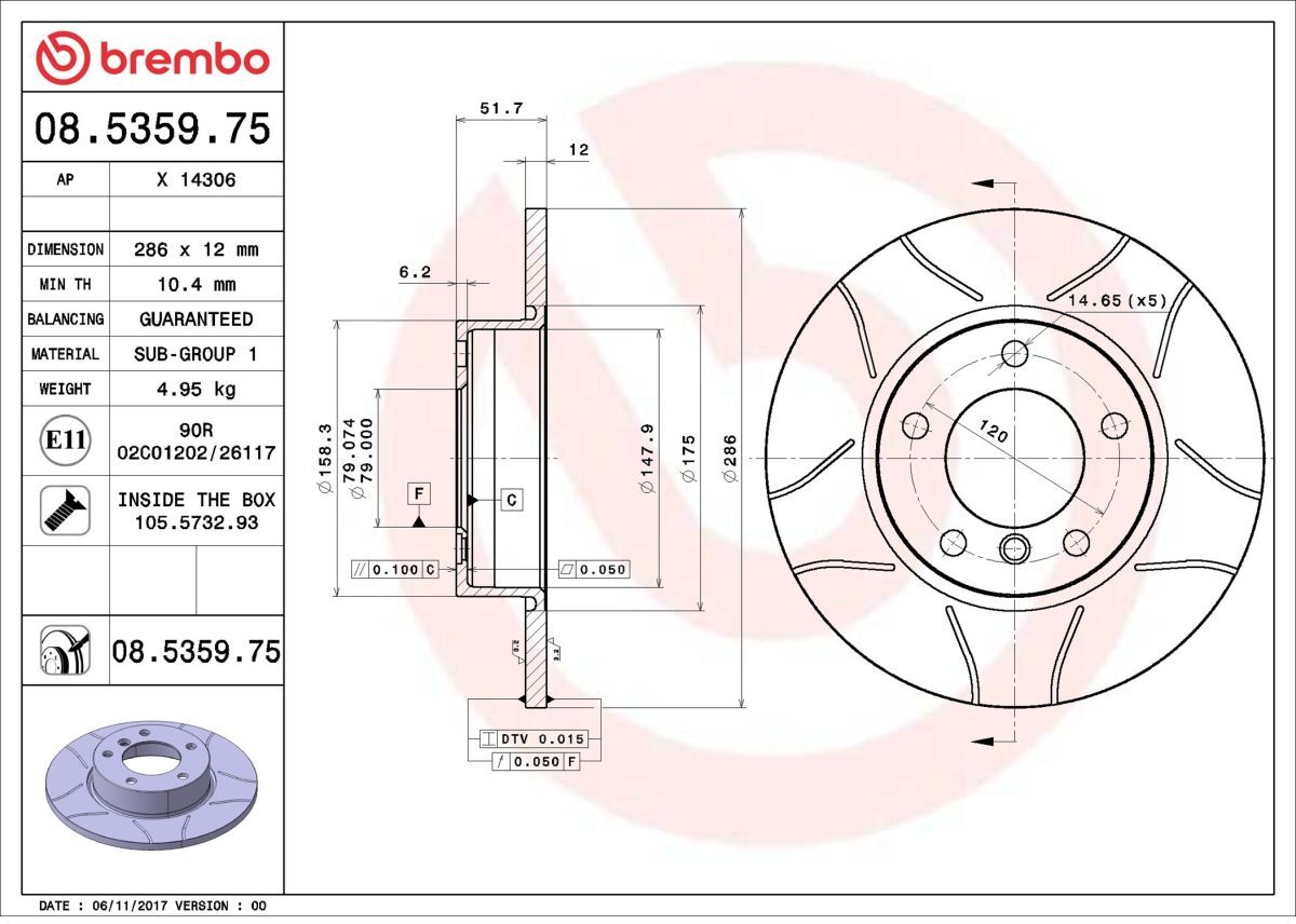Bremsscheibe BREMBO 08.5359.75, vorne, geschlitzt, voll, 1 Stück