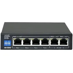 Avizio Switch 4x RJ45 PoE 1Gb/s + 2x RJ45 Uplink 1Gb/s (4 Ports), Netzwerk Switch, Schwarz