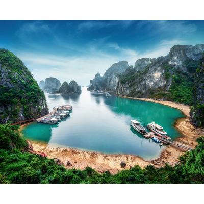 Fototapete PAPERMOON "BUCHT-VIETNAM MEER SEE FLUSS GEBIRGE WALD HIMMEL SONNE", bunt, B:2m L:1,49m, Vlies, Tapeten