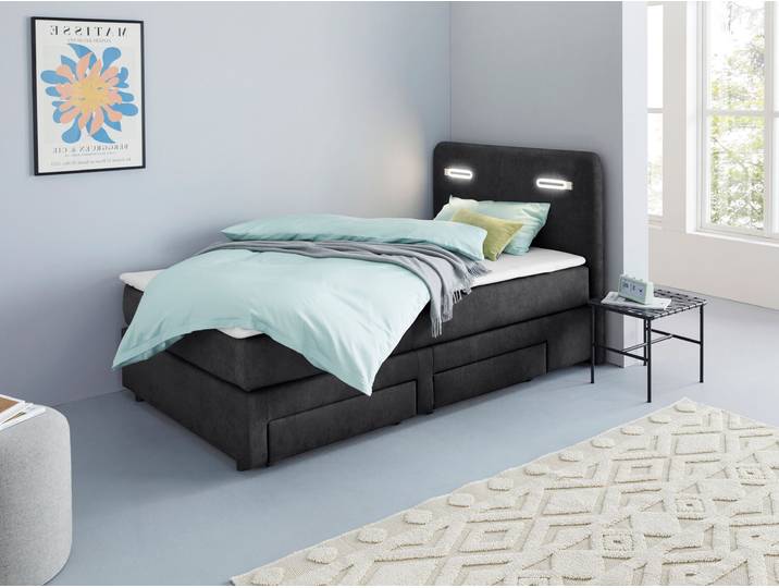 Boxbett, Polyester, Schwarz, 127×211 cm, Mit Schubkästen & LED-Beleuchtung, Modern, Inosign