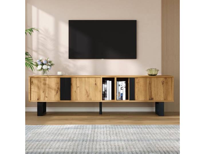 Meuble TV Aspect Bois Meuble TV Asymétrique FloraGrace Pour Salon A Monter Soi-Même 160x40x50cm