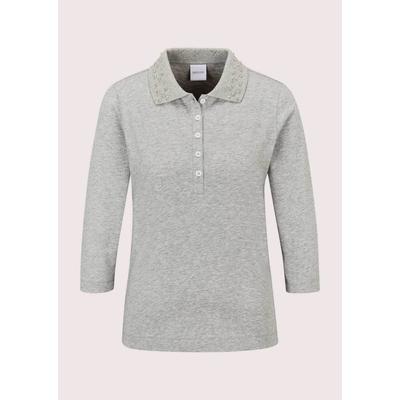 3/4-Arm-Shirt MADELEINE "Shirt Poloshirt mit Zierstein-Kragen", Damen, Gr. 42, steingrau, melange, Shirts 3/4-Arm-Shirt