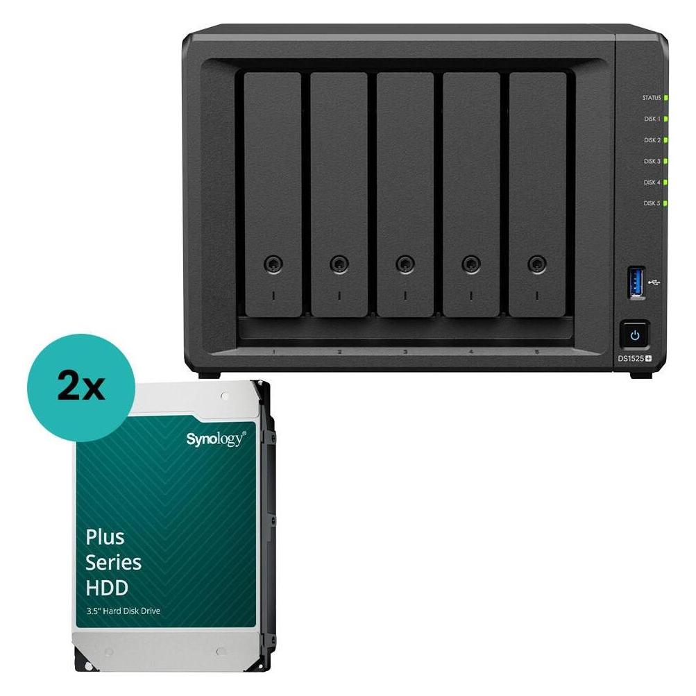 Synology DiskStation DS1525+ 5 Einschübe NAS-Server Leergehäuse (DS1525+) + 2x Plus 3.5... (2 x 16 TB) (DS1525+HAT3310-16T)