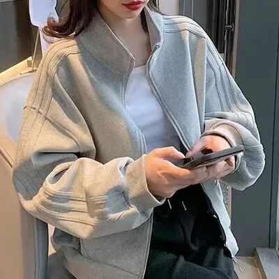 Rare Purchases Women's Short Sweatshirt Jacket, Versatile Loose Fit Casual Style, Three Stripe Autumn Winter Jacket m white