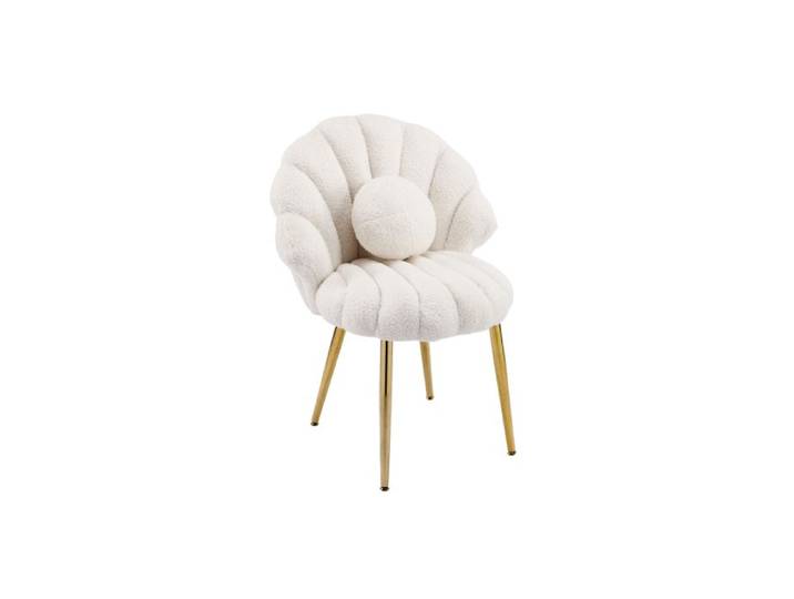 Fauteuil de Maquillage avec Dossier Coquillage - VINGLI- Chaise Coiffeuse Élégante avec Coussin Perle - en Teddy - Kaki Clair