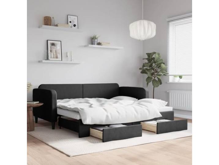 RJPLMFV Tagesbett 2-in-1 mit Ausziehbett, 90 x 190 cm, Schwarz Schlafsofa, 2 Schubladen, Aufbewahrung, langlebiger Stoff, Struktur aus Holz und Metall