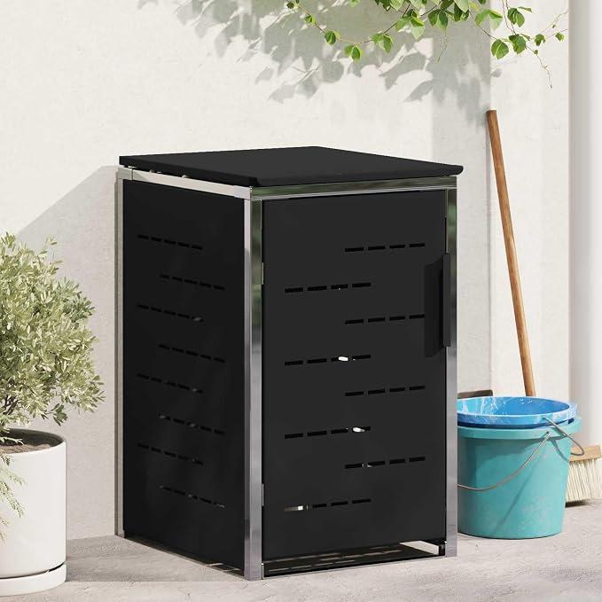 Rollbehälterlagerung Schwarz Edelstahl Mülltonnenbox 77,5 x 69 x 112,5 cm mit belüftetem Design, magnetischen Türen, soft-close Deckel, erweiterbar für Außenbereich Garten Terrasse