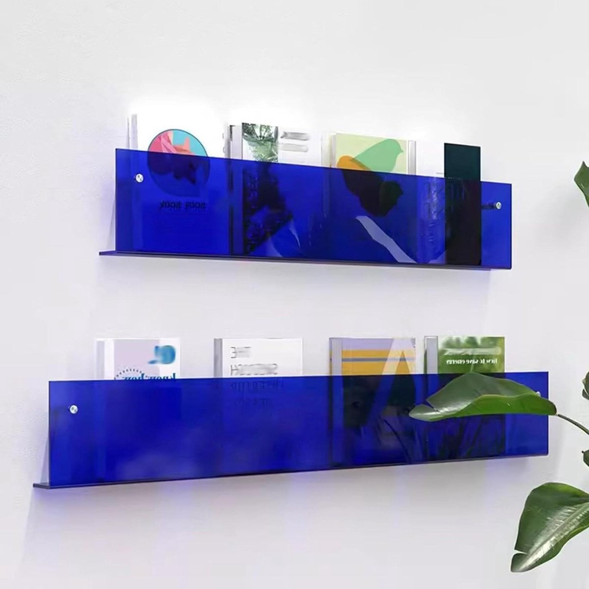 Blauwe tijdschriftenhouder voor wandmontage van helder acryl tot 120 cm