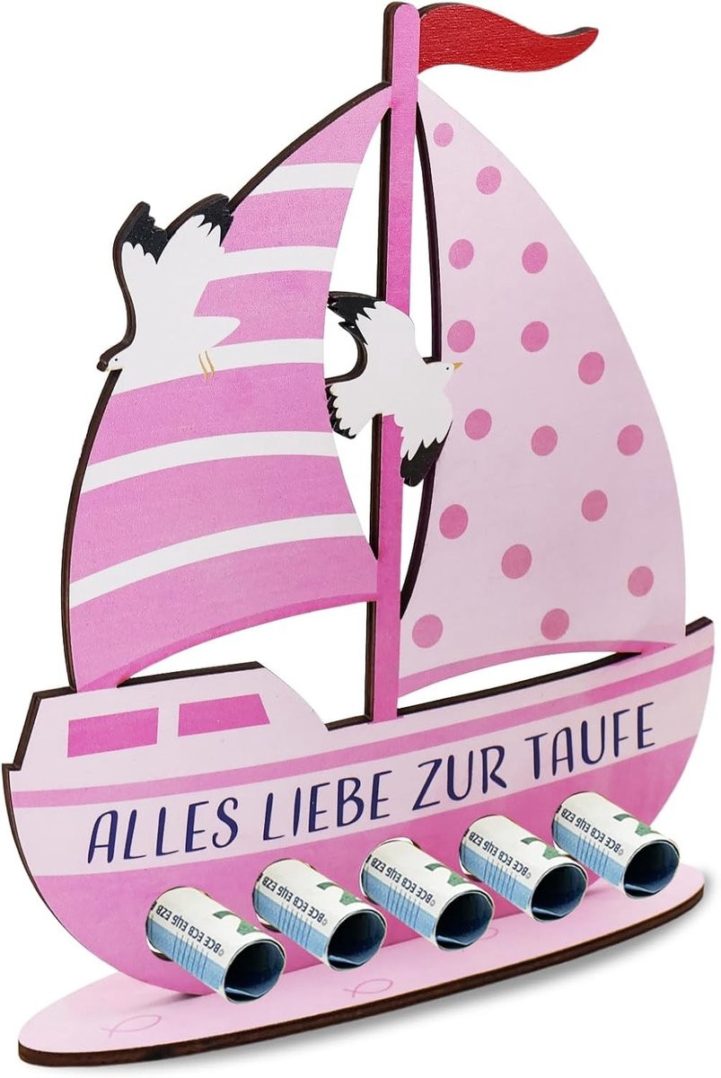 Handgemaakte houten zeilboot met pedestal voor doopgeschenken, roze