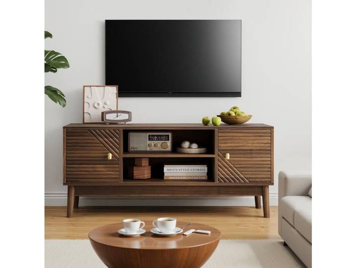 Meuble TV 110 cm Walnut style Mid-Century Modern Farmhouse portes rangement passe-câbles MDF JOINERY
