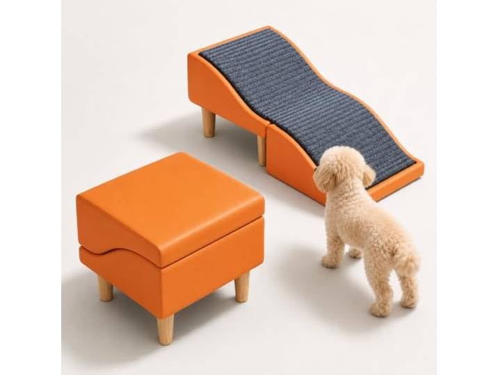 Hunderampe, Haustiertreppe, Klappbarer 2-in-1-Hocker, 80 cm 32°-Wellenneigung, abnehmbare Filzmatte und Holzrahmen für sicheren Alltag(Orange)