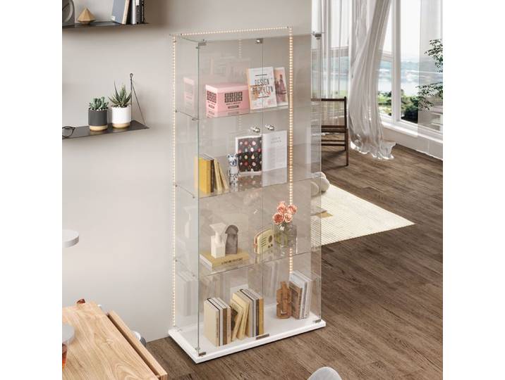 Vitrine en verre éclairage LED Armoire à vitrines avec 4 étagères réglables 2 portes Vitrine moderne pour collection décoration