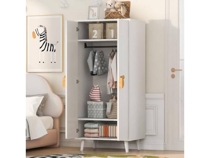 BXEYXE Kleiderschrank 70 × 55 × 170 cm, Doppeltür-Design mit großen Staufächern, Cartoon-förmige Griffe und erhöhte Füße, Weiß