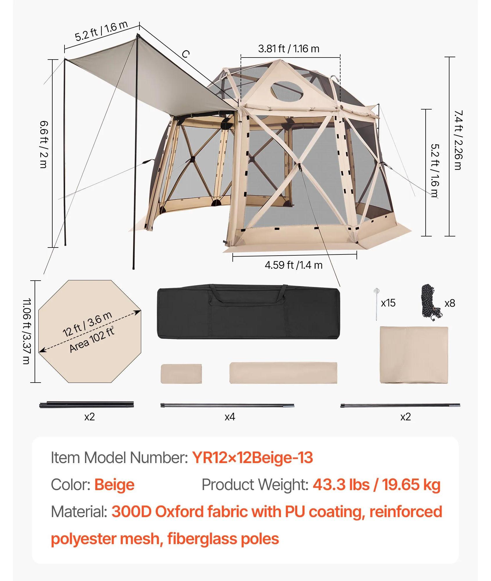Bildschirmzelt, Pop-Up-Design, wetterfester Baldachin, 12x12ft Beige