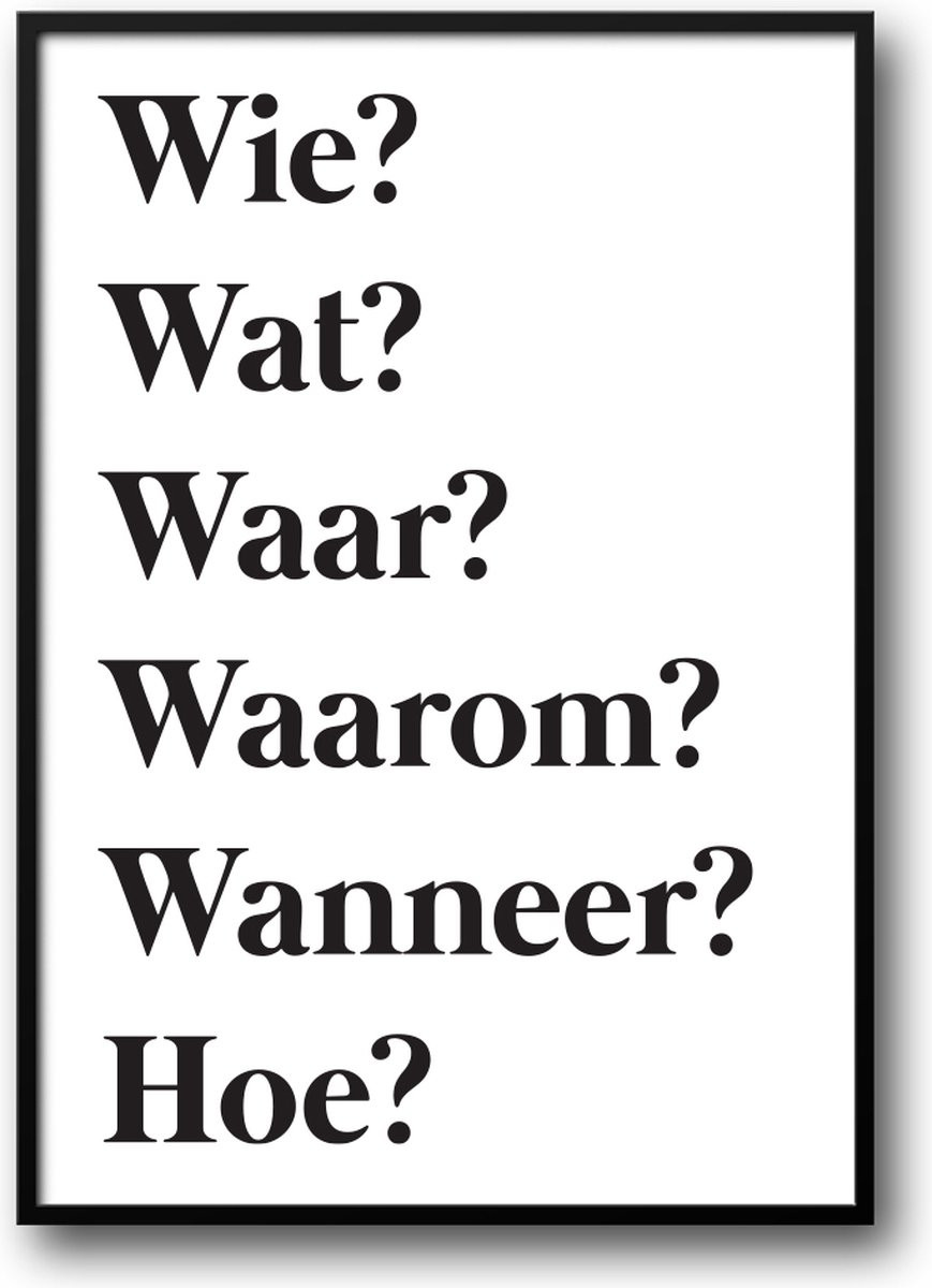 Wie? Wat? Waar? Waarom? Wanneer? Hoe? Grappige Poster met fotolijst en glas, 40 x 50 cm