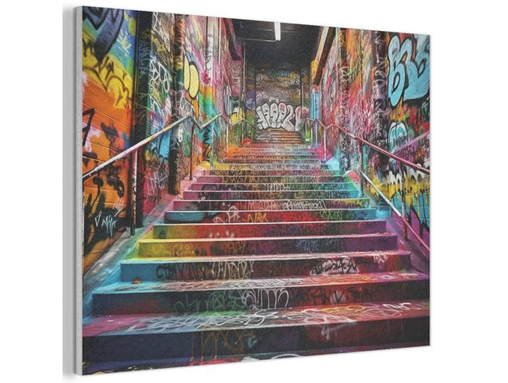 MuchoWow Akustikbild - Treppe - Graffiti - Farben - Kunst - 100x70, Mehrfarbig, Kunststoff, Rechteckig, 100x70x0.9 cm, Wandverkleidung, Akustikpaneele