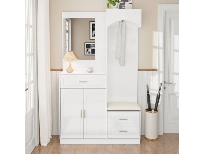 Merax Meuble d'entrée Moderne avec Miroir Armoire Banc à Chaussures et Tiroirs – Vestiaire Compact Blanc110×33×185 5 cm