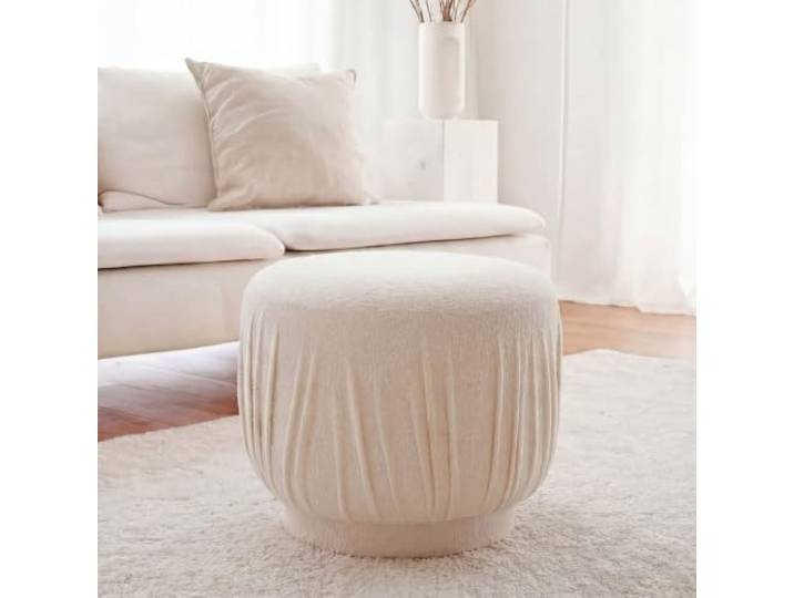 möbelando freiraum Polsterhocker rund Creme, Ø 50 cm, Sitzhocker aus Stoff mit Faltendesign, Fußhocker & Schminktischhocker, 40 cm hoch, bis 120 kg belastbar