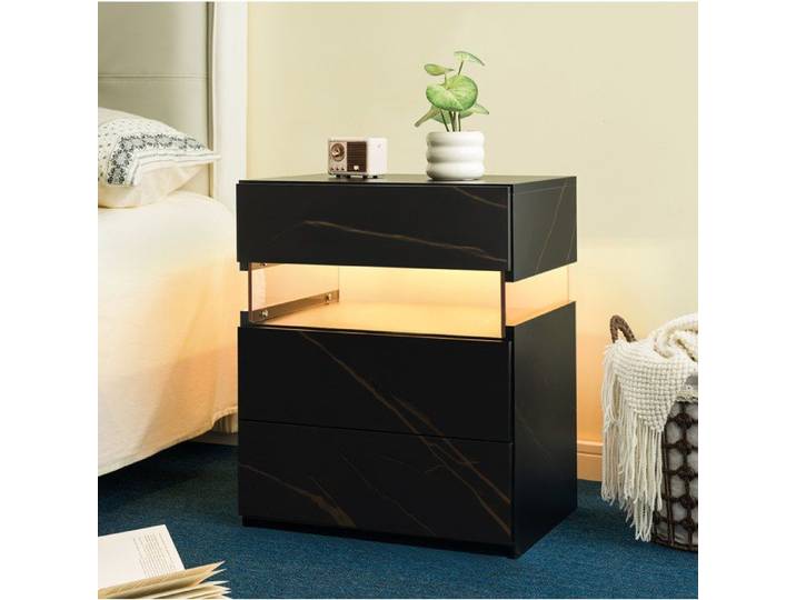 Commode de Chambre LED 3 Tiroirs Noir et Or avec Tablette en Acrylique Élégante