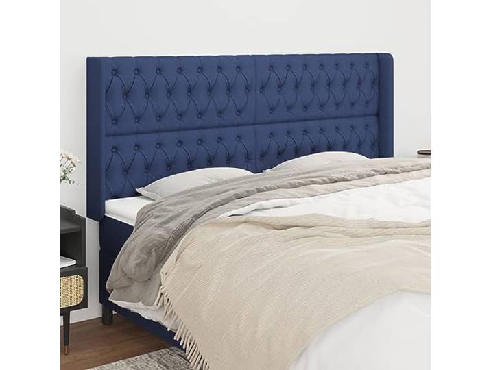 KTHLBRH Kopfteil mit blauem Ohr, aus klassischem Stoff, elegantes Design, höhenverstellbar, Beine aus massivem Lärchenholz, stabil, atmungsaktiv, strapazierfähig