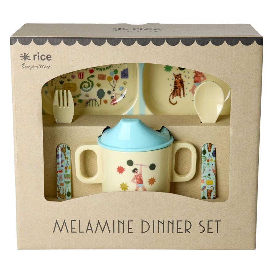 Rice - Melamine Baby Dinner Set - Fun Fair Print - Mint and Blue (BABOX-4ZFUFAMI)