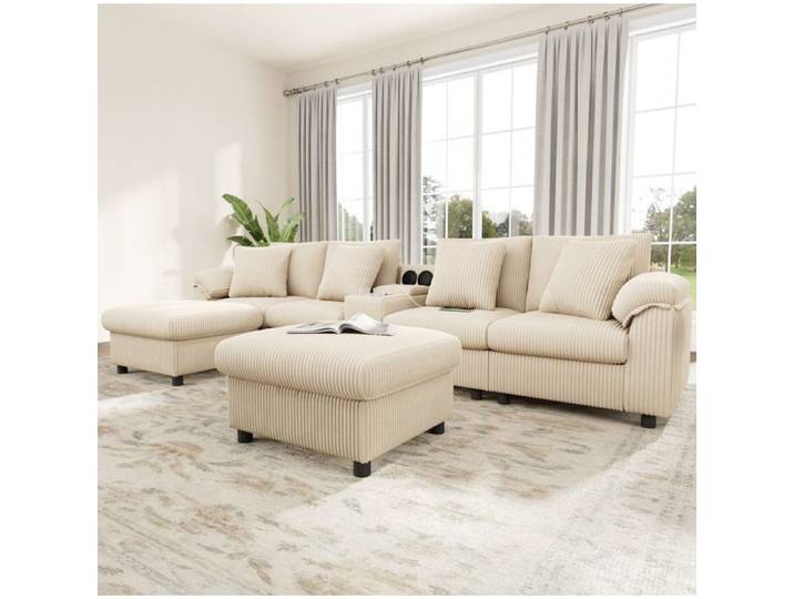 Canape D Angle Modulable En Tissu Cotele Beige Canape Multimedia FloraGrace Pour Salon Recharge Sans Fil 315.5x144x84.5cm