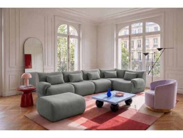 MILYsofa Modulares Wohnlandschaft, 5-Sitzer mit Ottomane, Bouclé-Bezug Wolkengrau, Abnehmbare Kissenbezüge (Wolkengrau, Wohnlandschaft)