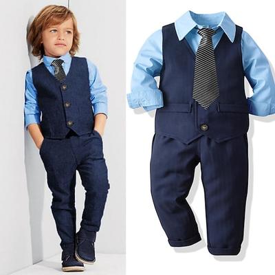 4 Stück Ring-Träger Anzug Jungen kinderkleidung Anzug Formeller Anzug Anzug Blazer Formal Party Modisch Feste Farbe Knopf Tasche Himmelblau Baumwolle
