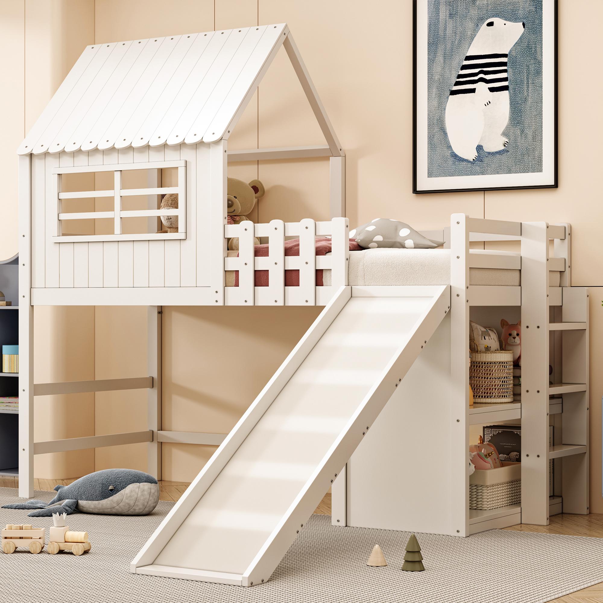 Sweiko Kinderbett 90 x 200 cm Dachboden-Design mit Sicherheitsleiter und Sicherheitsrutsche, mehrstöckige Ablagefächer Multifunktionsbett Massivholzbett Einzelbett Hochbett Weiß