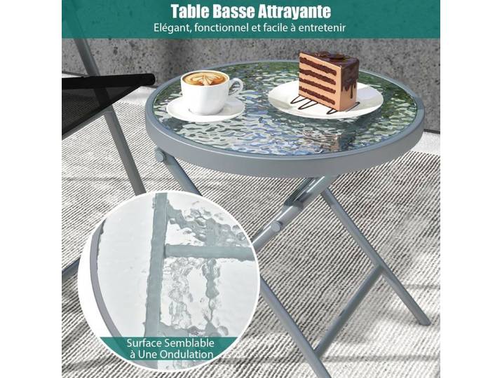 GIANTEX 3 PCs Salon de Jardin Pliable-2 Chaises en Textilène&1 Table Basse en Verre Trempé-Cadre Métallique-pour Jardin/Terrasse