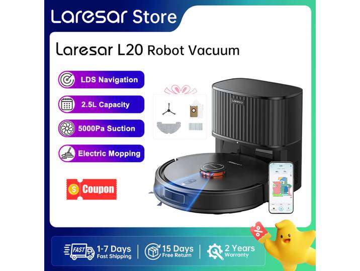 Laresar L20 Aspirateur Robot 5000Pa avec Navigation LDS, Station de Vidage Automatique, Contrôle via Application pour Nettoyage des Sols et Tapis