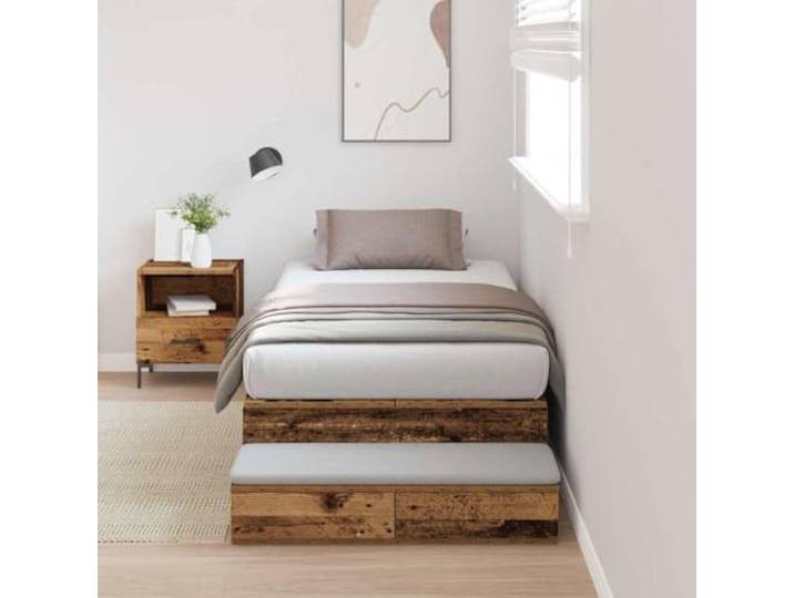 YUTAASU Aufbewahrungsbettgestell mit Tür Altholz 90 cm Holzwerkstoff Kiefernholz, Schubladen, Ledergriffe, ohne Boxspring, feucht abwischbar