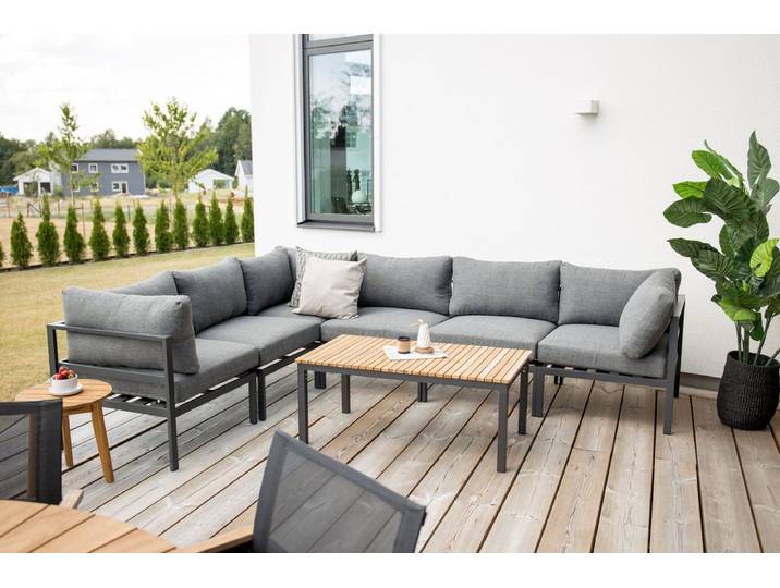 Garten Couchtisch Alanu - ein Materialmix aus Aluminium und Teakholz - Schwarz-Natur - 110x60 - Luxusbetten24