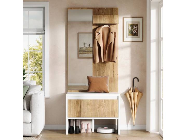 Vestiaire d'entrée - ZEVKOR - Blanc et Naturel - Miroir intégré - 2 tiroirs - Banc à chaussures