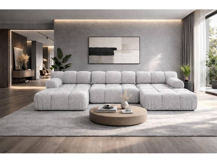 Kaiser Möbel Ecksofa U-Form, Stoff Bouclé Abriamo, Hellgrau, Selia U