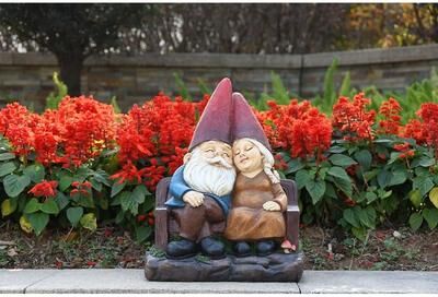 Hi-Line Gift Whimsical Serenity: Robert & Sofia Gnome Couple on Bench, Eyes Closed in Love