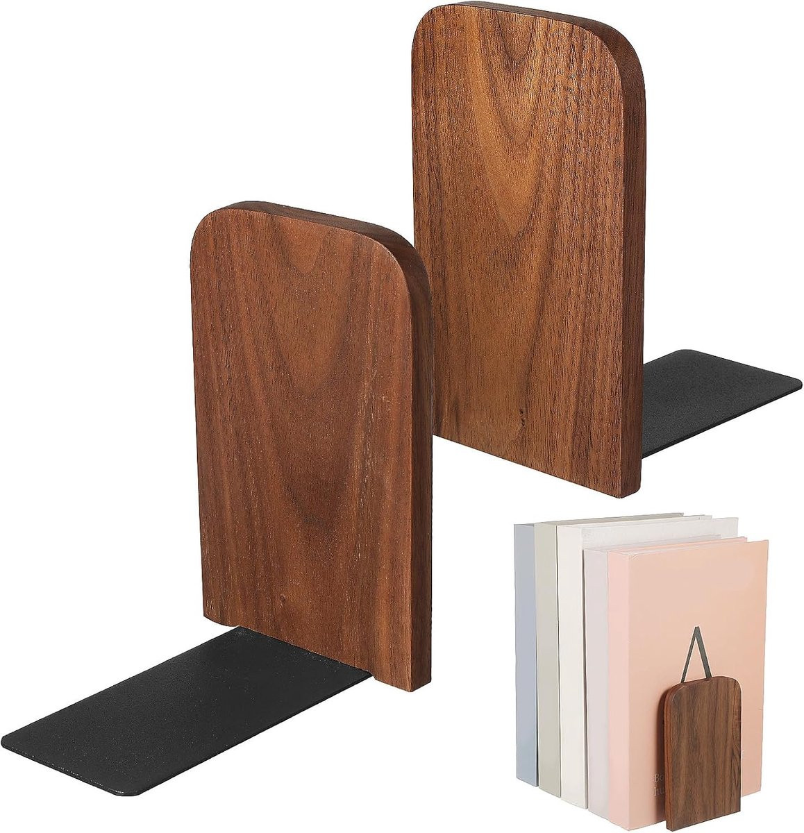 Set van 2 donkerbruine houten boekensteunen met minimalistisch design