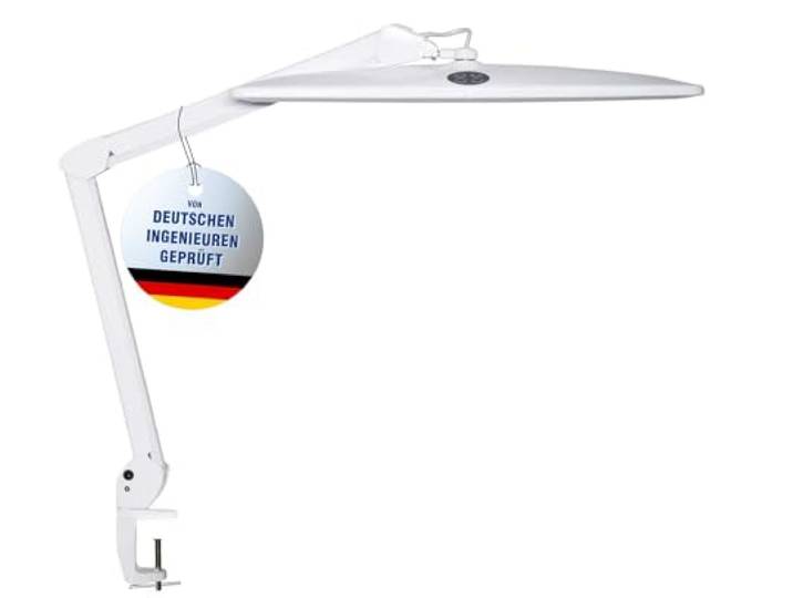 MAUL LED Tischlampe weiß MAULwork dimmbar Klemmfuß Büro Werkstatt tageslichtweißes Arbeitslicht, flexibler Arm, schattenarme Ausleuchtung, sicherer Halt an Tischkanten, geprüfte GS-Sicherheit