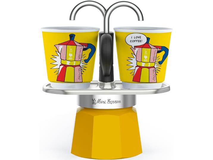 Espressokocher BIALETTI Mini Express Lichtenstein , gelb (aluminiumfarben, gelb), 0,09 l, 2, Kaffeemaschinen, Espressokocher, (1 Espressokocher + 2 Espressobecher, 90 ml)