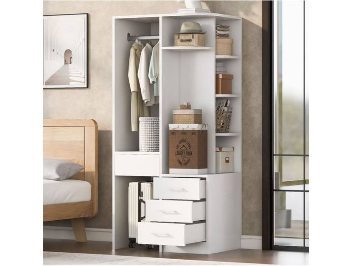 Armoire de chambre penderie ouverte avec étagères multiples et 3 tiroirs pour chambre blanc 70×55×175 cm - UVRION