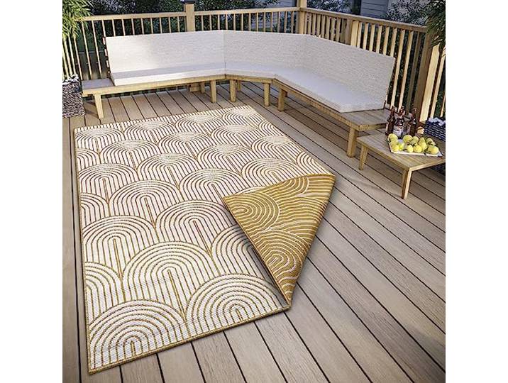 Hanse Home Pangli Tapis d'extérieur résistant aux intempéries\, réversible\, Style bohème scandinave\, imperméable\, Couleur Unie\, géométrique\, Effet 3D\, pour Jardin\, Balcon\, terrasse\, Salon\, Ocre\, 200 x