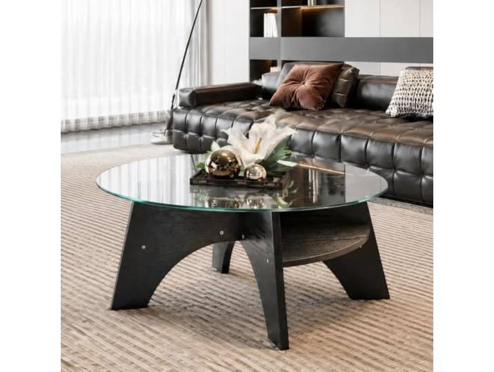 I0I&I0I Runder Beistelltisch aus Glas Fächerförmiges Gestell aus MDF in Nussbaum Optik für Wohnzimmer und Esszimmer (Black + Transparent + MDF+Glass)