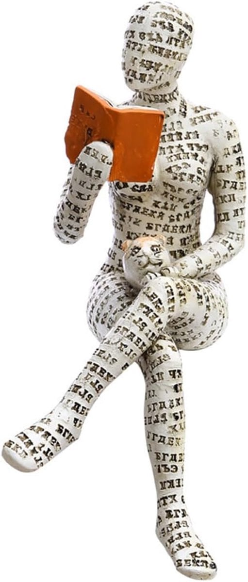Abstract Vrouwen Beeldje Lezend - Denker Standbeeld voor Boekenplank Decoratie - Bedekt Met Letters