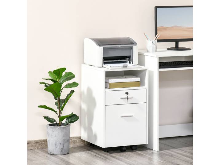 Vinsetto Caisson Bureau Bois Blanc 2 Tiroirs 5 Roulettes Serrure