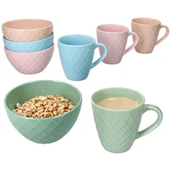 Pastelli 8tlg Set Müslischalen Kaffeebecher Keramik bunt pastell Waffel-Muster