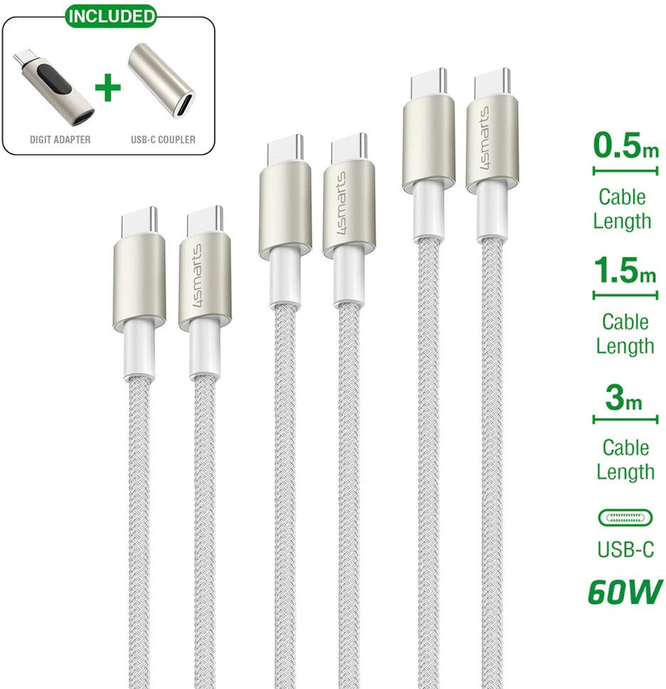 4smarts USB-C til USB-C PremiumCord 60W - 3x USB-C til USB-C Kabel m. USB-C Adapter & Forlænger - Hvid