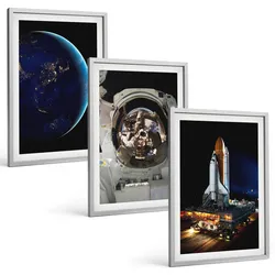 BILDER SET 3er Set - 40x60 cm Silberner Rahmen - Weltraum Erde Astronaut Rakete