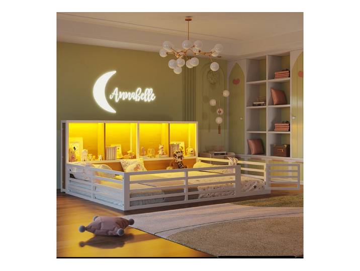 TavilaEcon Kinderbett Zaunbett 140x200 cm mit LED-Beleuchtung & Stauraum, App-Steuerung, LED-Streifen mit 60.000 Farben / 16 Hauptfarben, Weiß